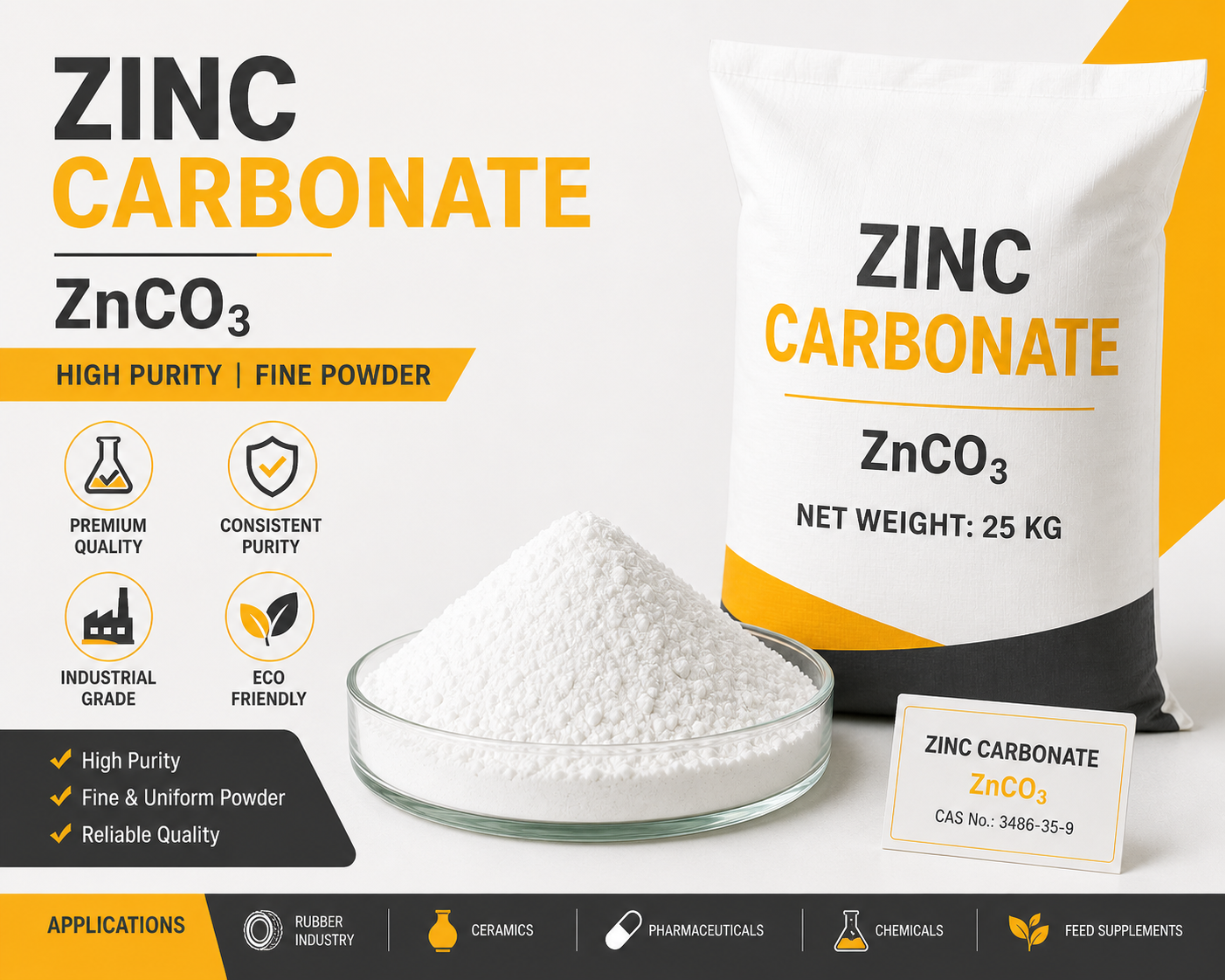 Zinc Carbonate powder in industrial grade packaging with high purity fine powder for chemical and manufacturing applications
